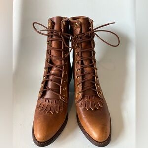Wrangler Brown Leather Lace-Up Fringe Boots | Womens Size 6